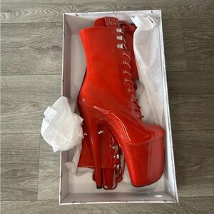Hella Heels Red Patent 8” Platform Lace Up Boots US 6 EU 37 NIB Stripper Heels